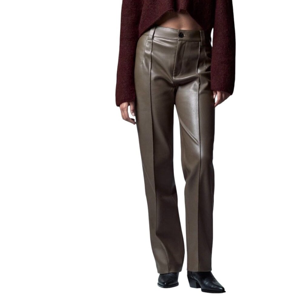 Zara Faux Leather Seamed Tailored Pants, Brown, L